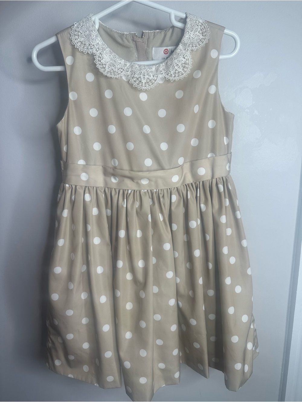 Jason Wu Beige Polka Dot Dress with White Lace Collar-4T